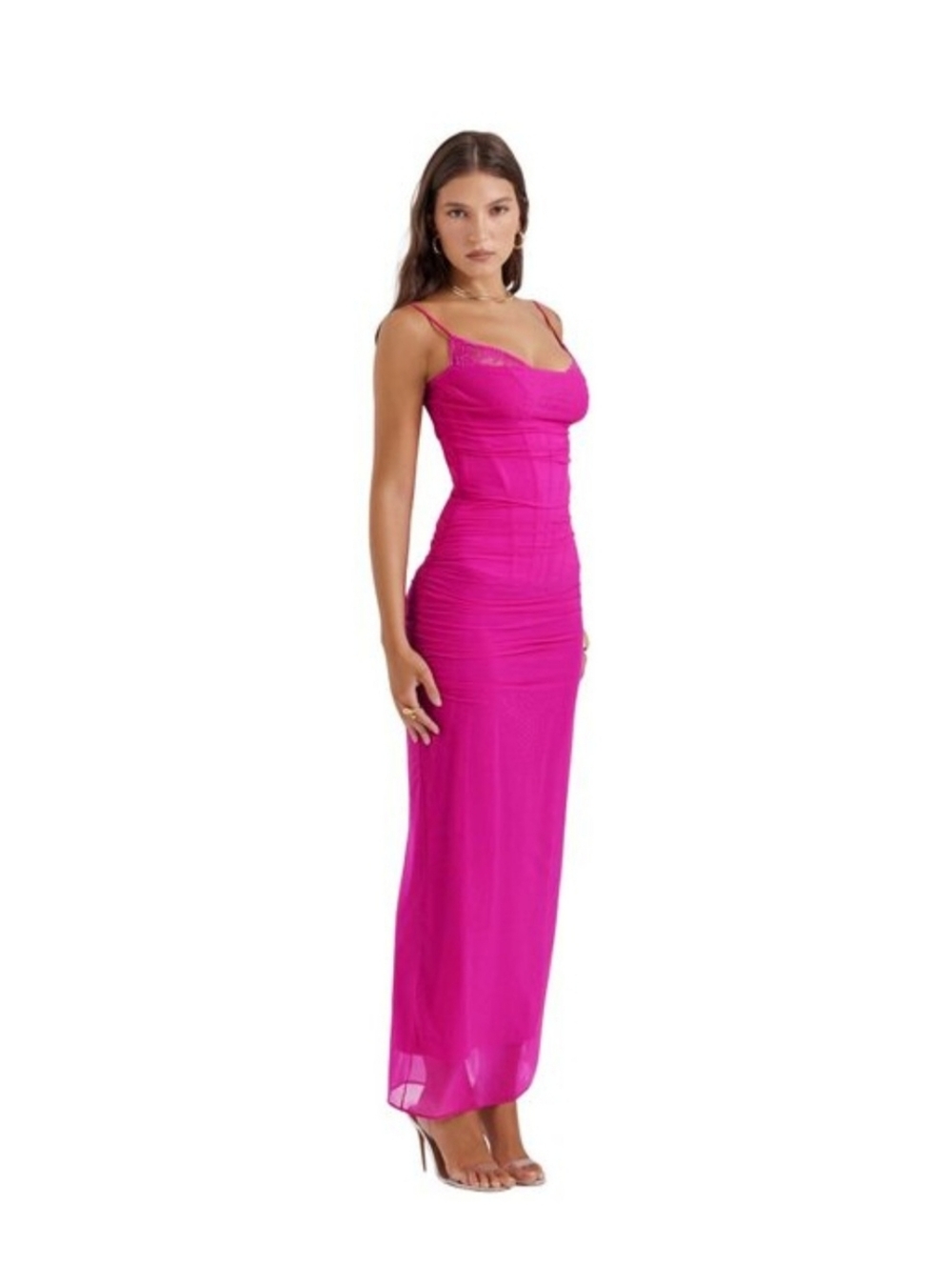 HOUSE OF CB Nalini fuchsia maxi dress Ruched Mesh $239 Medium - Picture 3 of 8